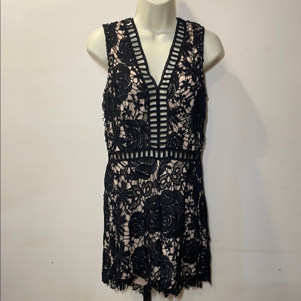 Black Lace Overlay Sleeveless Romper with Nude Lining